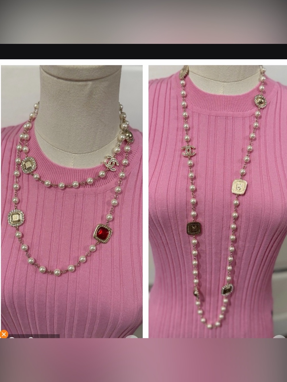 Chanel 1992 Pearl Station Long Necklace in White and Gold with Red Accent